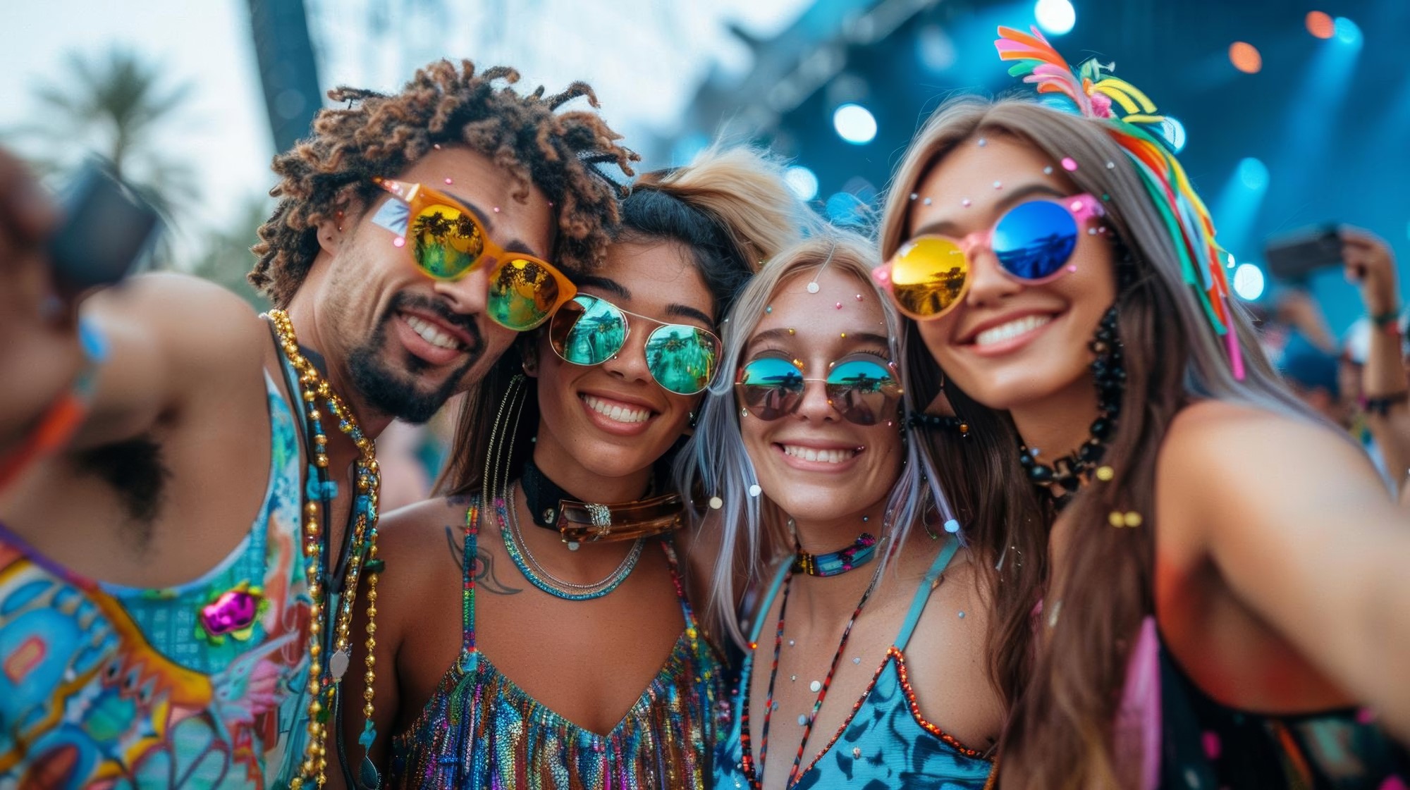 a group of people wearing colorful sunglasses