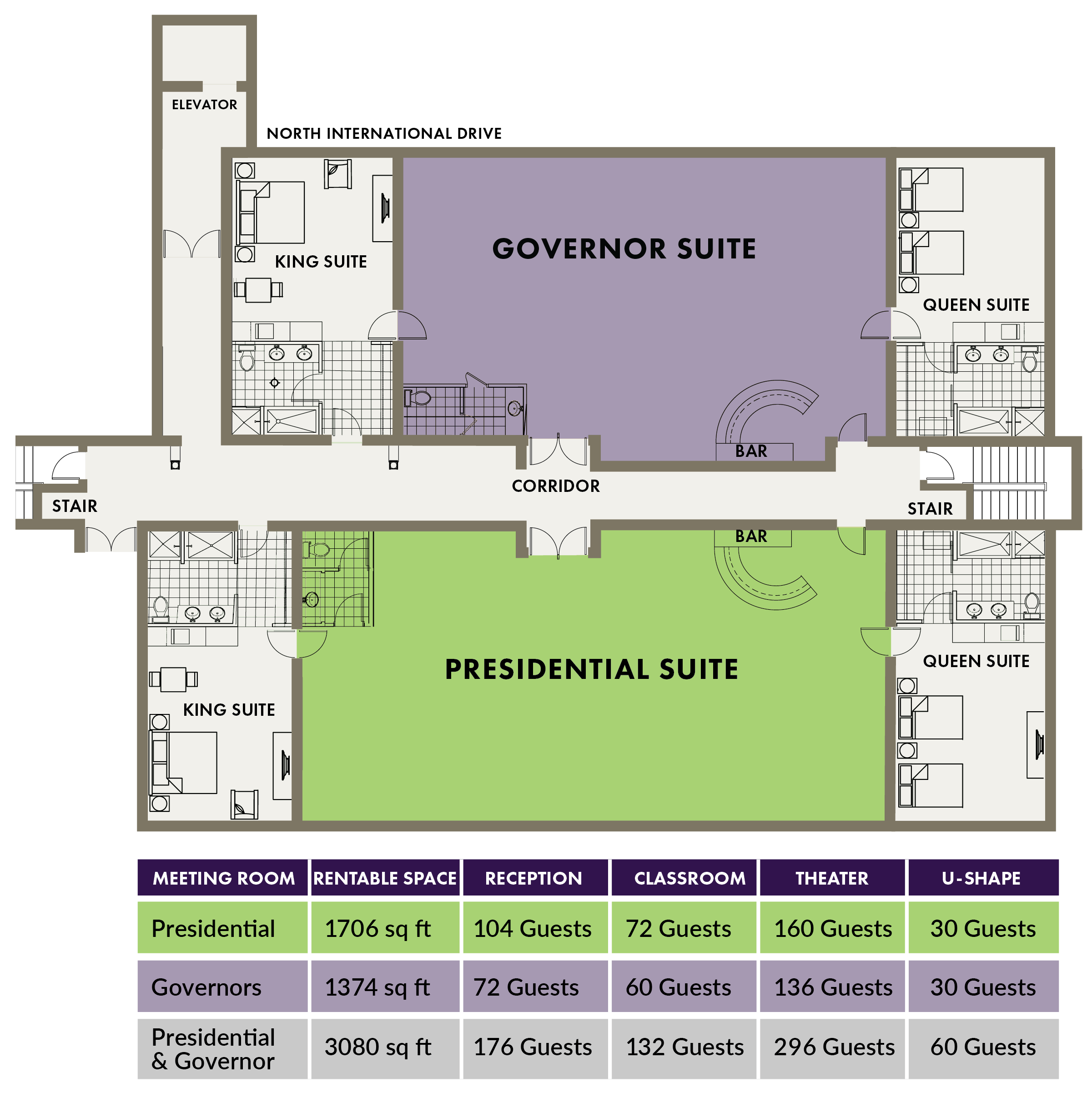 a floor plan of meeting space and capacity chart at Avanti International Resort