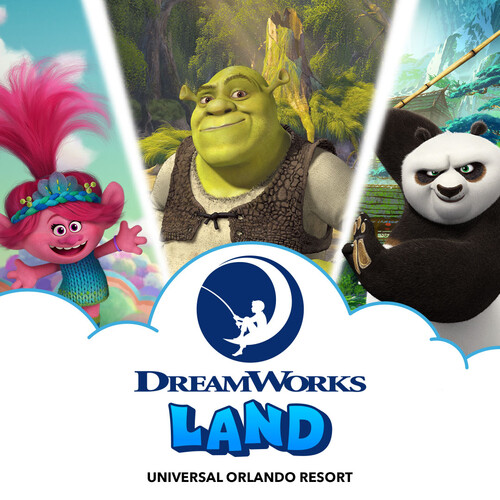 a poster featuring Poppy, Sheck and Po and the Dreamworks Land Universal Orlando Resort logo